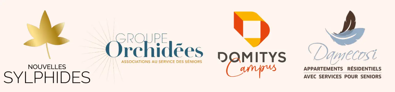 Logos de groupes de résidences seniors ayant accueilli les concerts piano-voix de Charlie Live