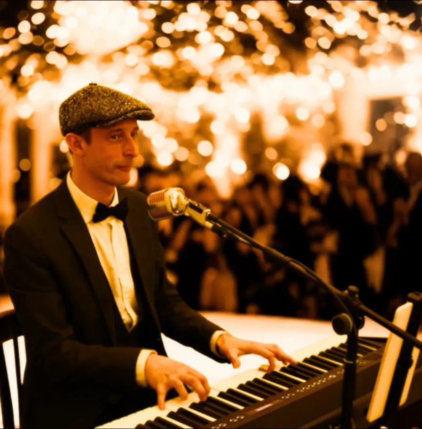 Chanteur pianiste en prestation lors d’un événement privé